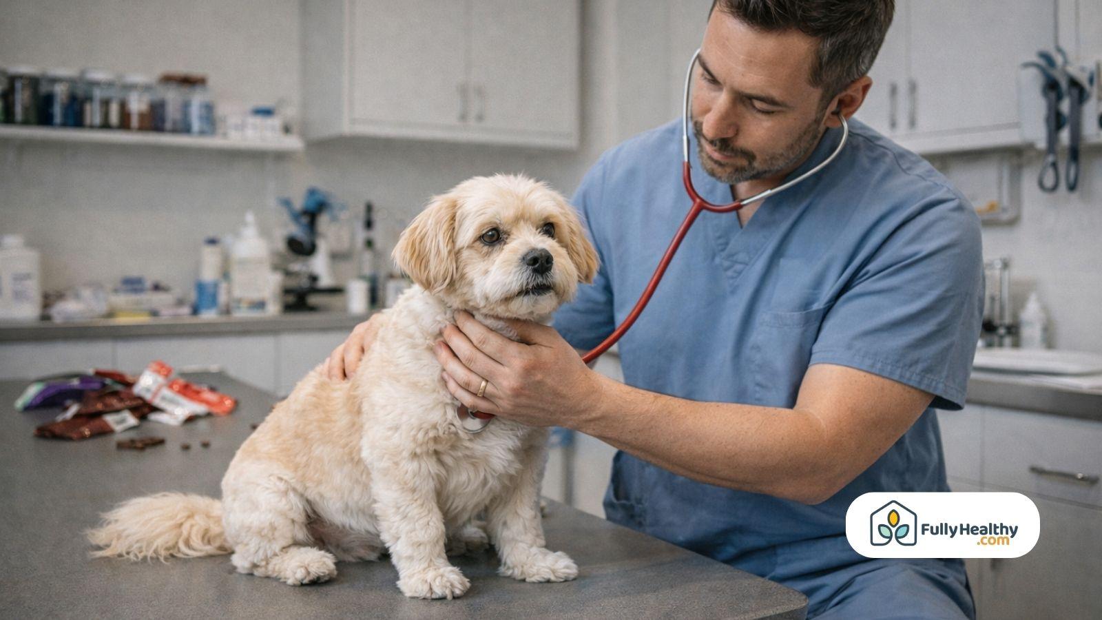 Veterinarian examining small dog on table after chocolate ingestion incident