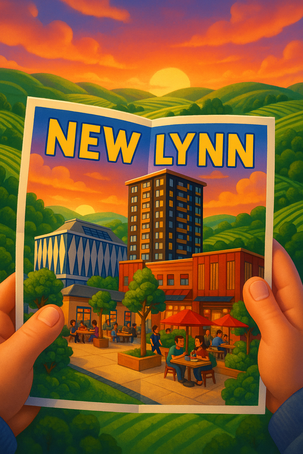Artistic rendering of New Lynn, highlighting its tallest building surrounded by greenery and natural landscapes.