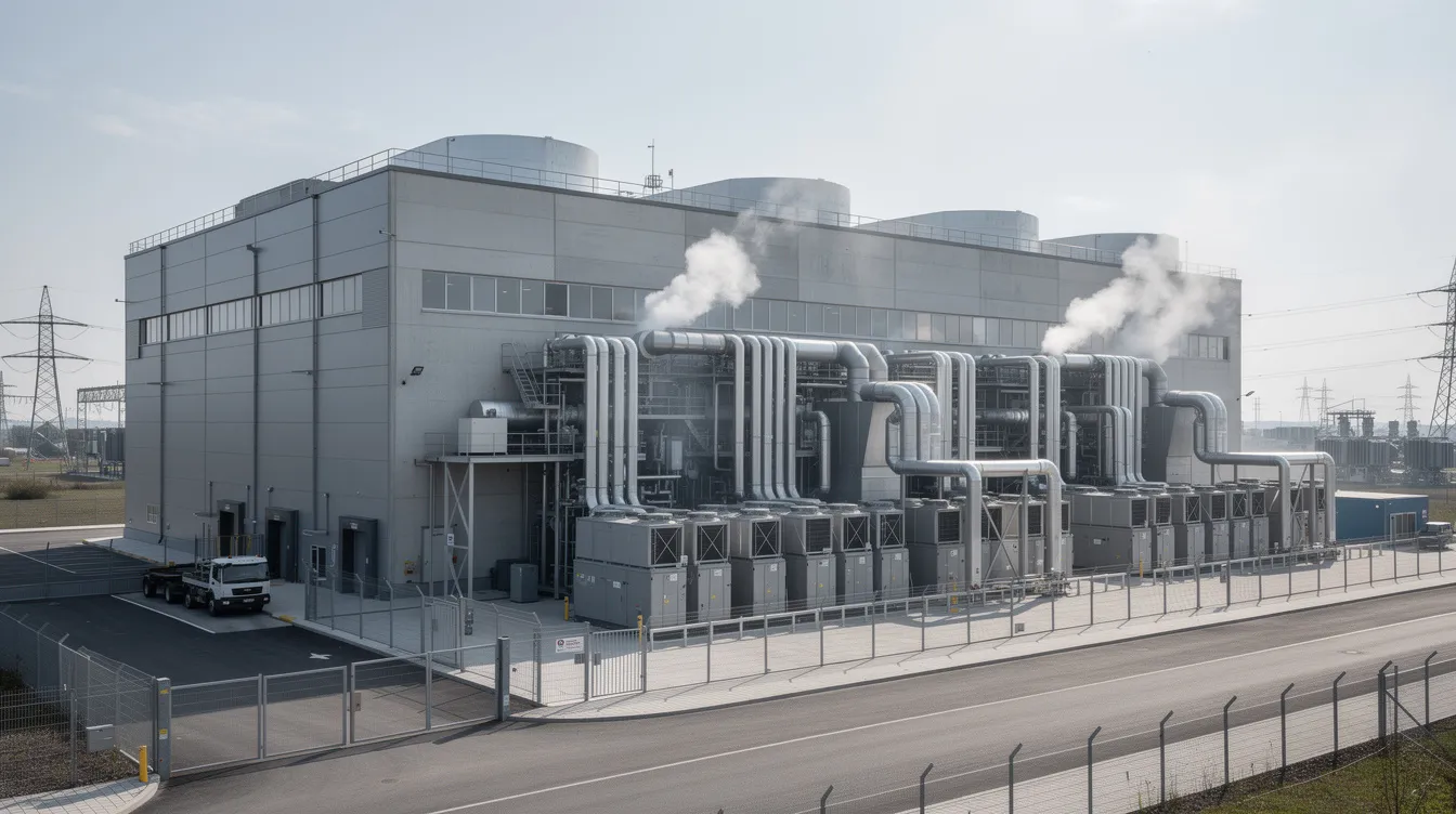 The image depicts a large industrial data center building equipped with extensive cooling infrastructure, showcasing the scale of modern AI development and technology. This facility represents the growing reliance on AI systems, which some people fear may overshadow human interaction and lead to concerns about future generations and job security.