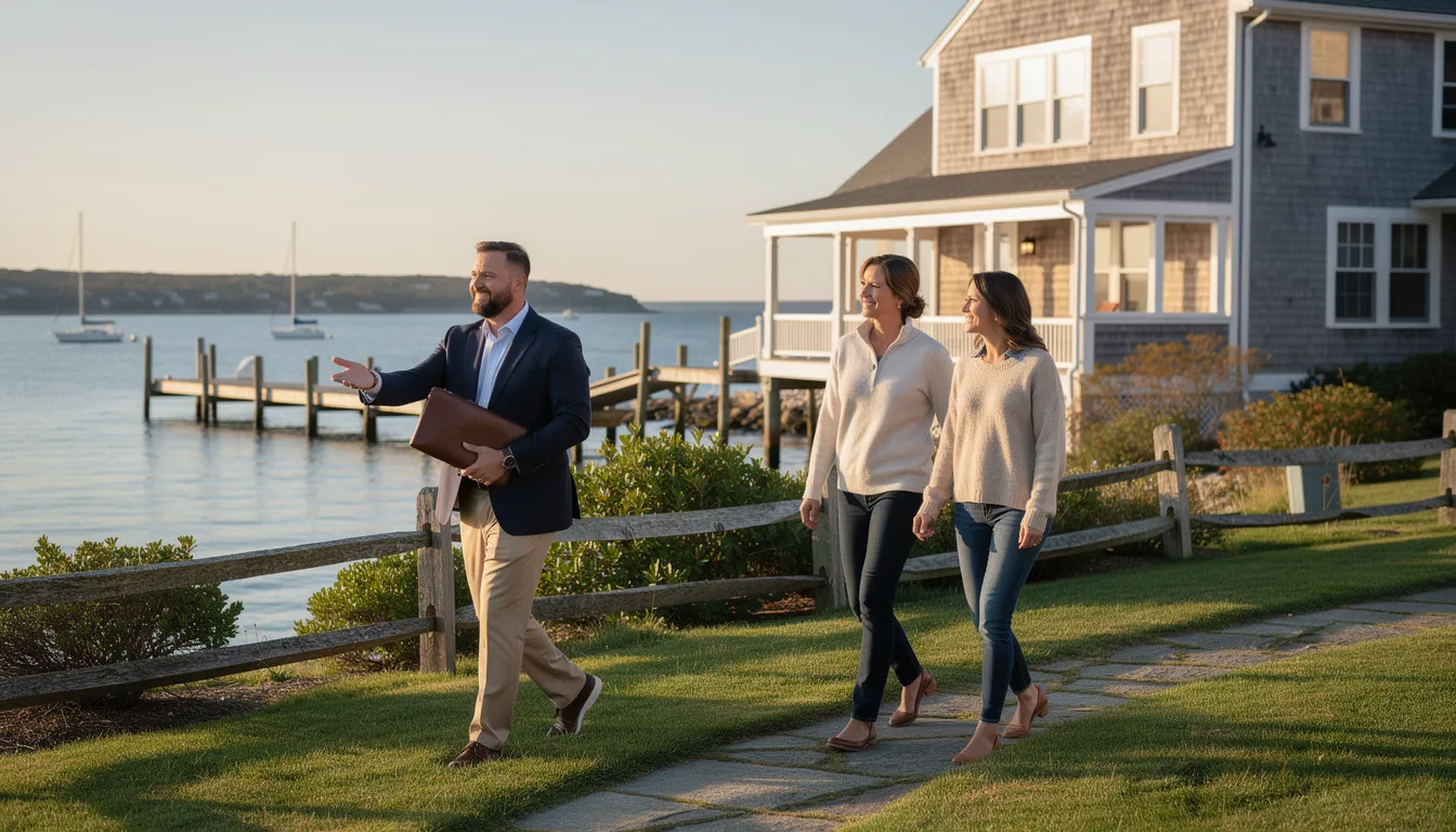 A real estate agent walks alongside clients on a scenic New England waterfront property, showcasing the beautiful shoreline and private beach along Long Island Sound. The group discusses the benefits of waterfront living and the potential of this dream home, highlighting the lifestyle and amenities that come with owning waterfront properties in Connecticut.