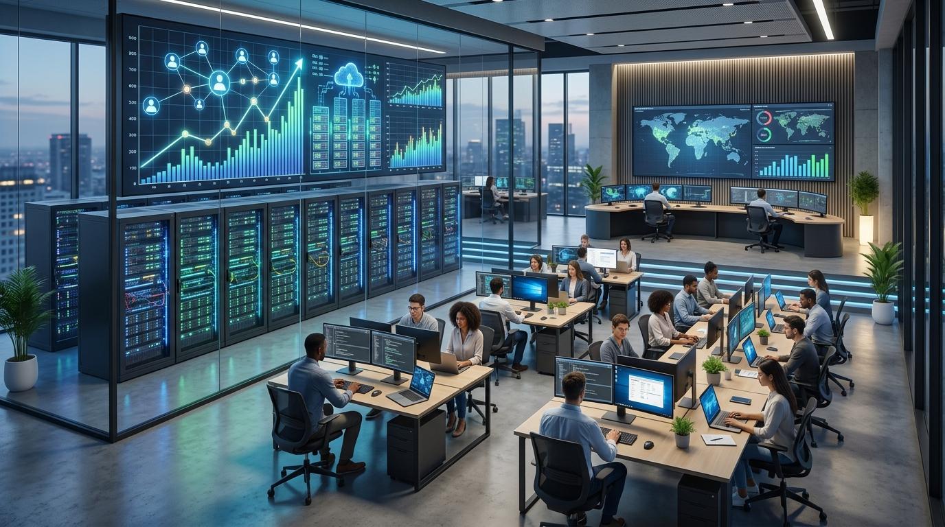 Modern digital workspace with cloud servers automatically scaling resources as more learners join virtual labs and browser-based desktops.