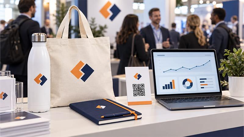 Branded promotional materials with a QR code and campaign analytics at a business conference
