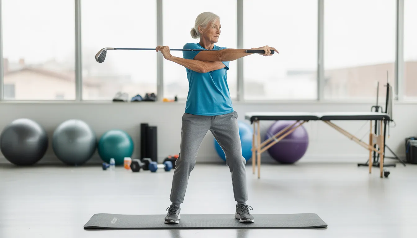 Senior golf fitness exercise in a gym, older woman doing a standing golf rotation stretch with a club on a mat.