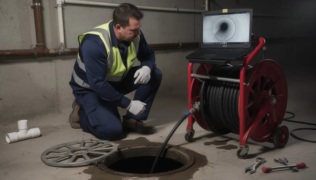 A plumber is using a sewer camera inspection system to examine underground pipes, ensuring the safe and efficient removal of waste. This modern equipment allows trained technicians to identify potential issues in the sewage system, providing very best service to customers in Austin, TX.