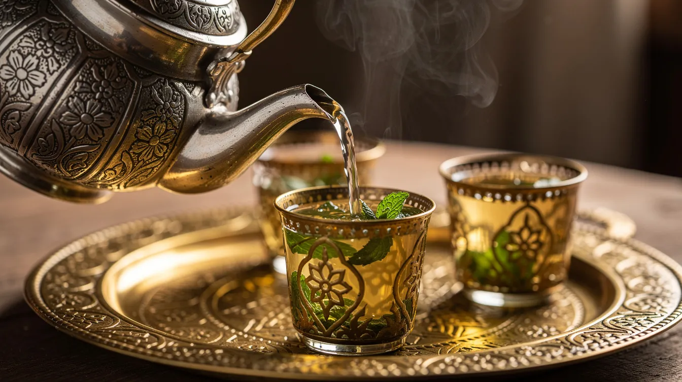 An ornate silver teapot gracefully pours fragrant mint tea into small, intricately decorated glasses, all arranged on a beautifully crafted brass tray, showcasing a delightful aspect of Moroccan culture. This scene captures the essence of a traditional Moroccan adventure, inviting visitors to experience the warmth and hospitality of North Africa.