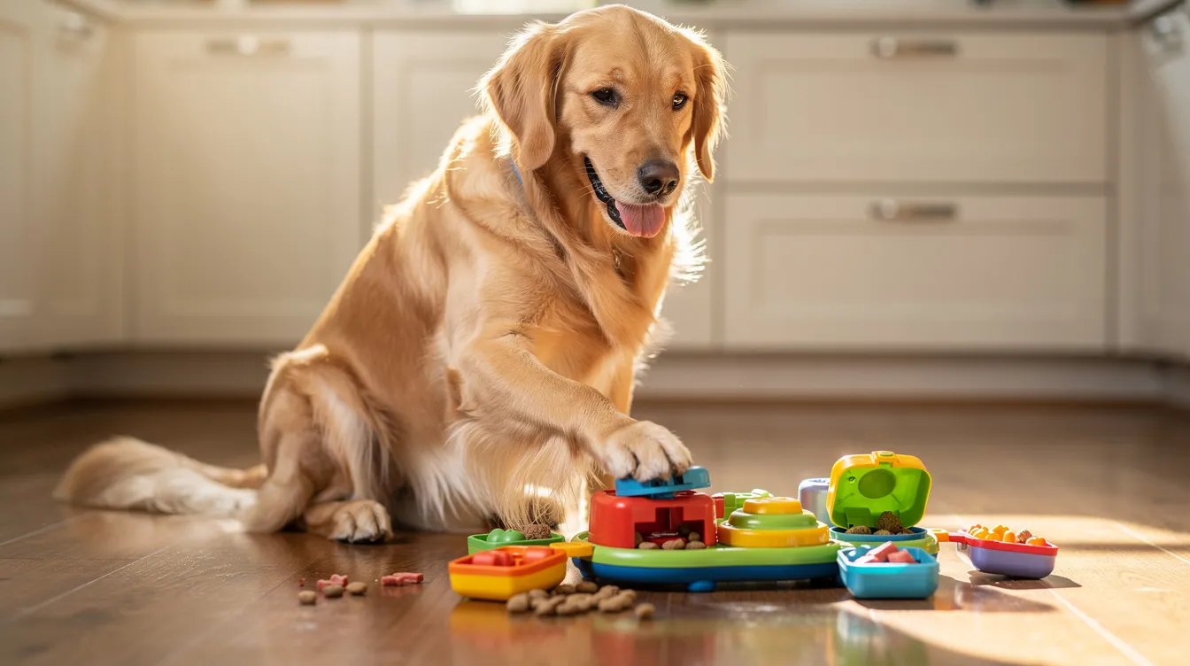 A happy golden retriever is engaged in solving an interactive puzzle toy on a kitchen floor, showcasing its problem-solving skills while enjoying mental stimulation and enrichment activities. This playful scene highlights the importance of keeping dogs entertained and mentally active through fun games and food puzzles.