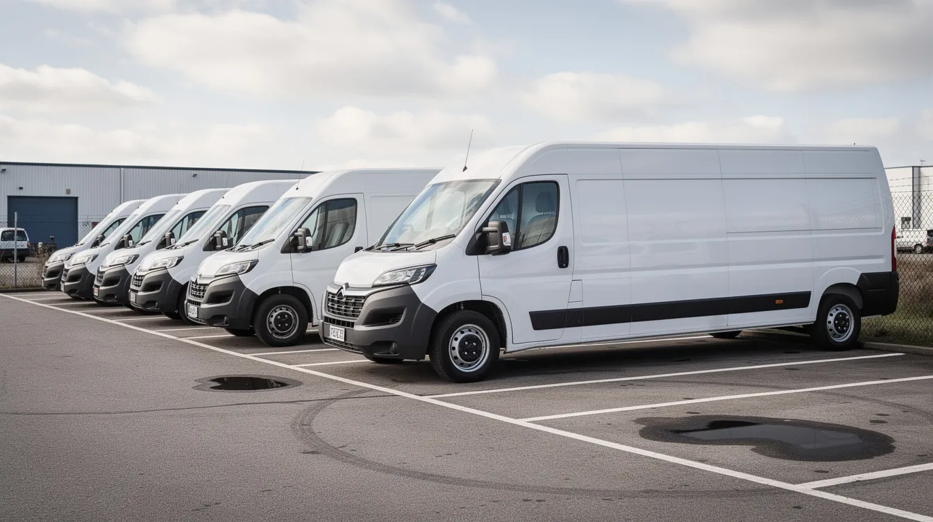 Professional Dashcam Installer : A row of white commercial delivery vans is parked neatly in a fleet yard, showcasing a professional setup for a company that may utilize dash cam installation services for enhanced security and accident protection. 