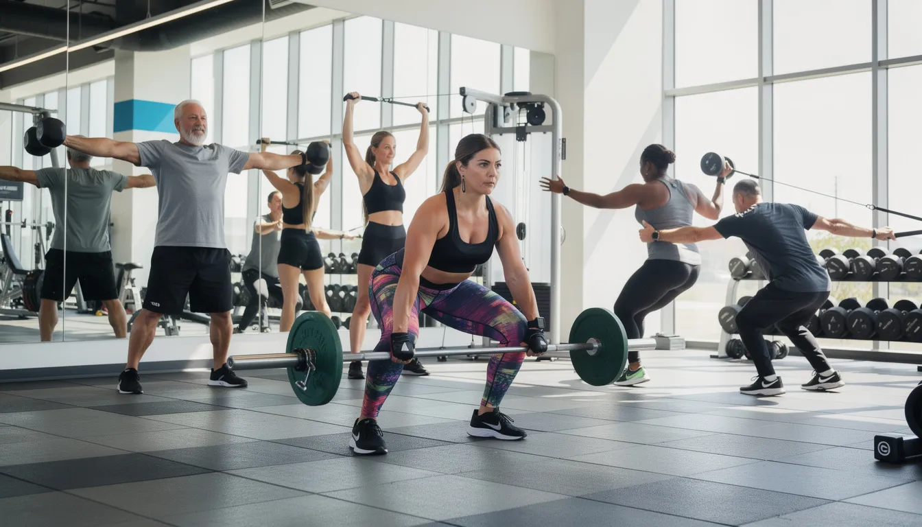A diverse group of adults is engaged in strength training exercises in a bright gym, showcasing the importance of regular physical activity for maintaining cellular health and overall well-being. This scene highlights the benefits of exercise in promoting energy production and supporting healthy aging.
