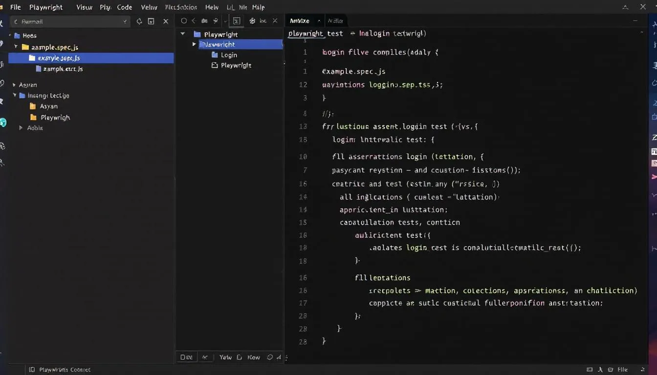 The image shows the Visual Studio Code editor with the Playwright extension installed, displaying a directory of test files and scripts for automated testing. The interface includes code snippets in TypeScript, indicating a setup for end-to-end testing and test automation, with options for running multiple tests and managing a test suite.