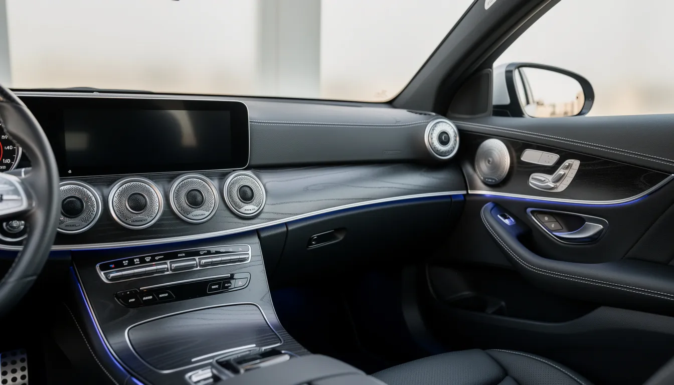 The image shows the interior of a car, focusing on a well-organized dashboard with a modern head unit and front door speakers, indicative of a clean audio installation. The setup includes controls for adjusting the amplifier gain and volume, designed to enhance the car audio experience while preventing distortion and ensuring maximum sound quality.