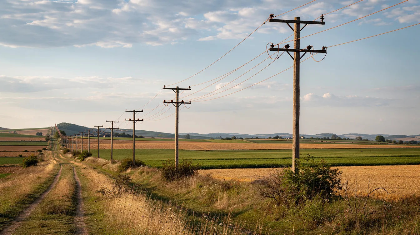 La imagen muestra postes telefónicos rurales con cables de cobre que se extienden por campos abiertos, simbolizando la infraestructura para las conexiones de banda ancha ADSL que facilitan el acceso a Internet en áreas remotas. Estos postes soportan la transmisión de datos, permitiendo un internet y llamadas telefónicas confiables para los usuarios en el campo.