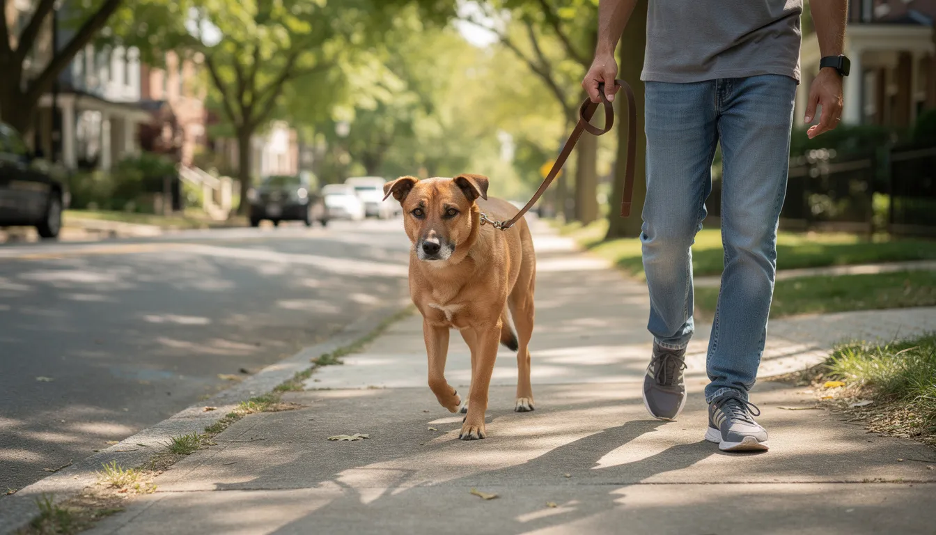 A calm dog walks at heel next to its owner on a tree-lined sidewalk, surrounded by shade trees that provide a pleasant atmosphere for their stroll. This peaceful setting, reminiscent of Santa Rosa Beach, offers a perfect space for dog owners to enjoy fresh air while exercising their furry friends.