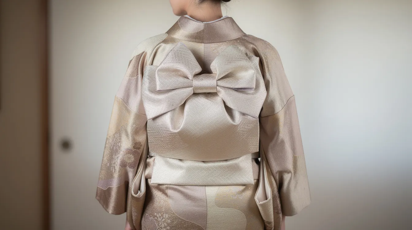 The image shows the back view of a person wearing a completed kimono, featuring an elegant, drum-shaped obi bow that is securely tied at the waist. The modern obi, commonly worn in Japan, adds a stylish touch to the traditional outfit.
