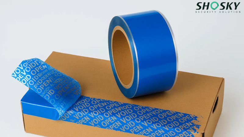 Reusable cardboard box secured with blue tape labeled 'SECURITY SOLUTION'