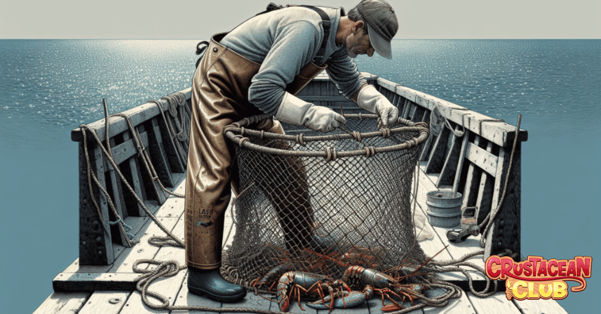 Illustration of a person preparing a lobster net