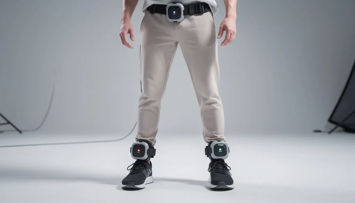 The image shows a person equipped with multiple VR tracking pucks attached to their feet and waist, enabling full body motion capture for an immersive virtual reality experience. This setup enhances tracking accuracy, making it ideal for VR applications and games, especially when using devices like the HTC Vive and its accessories.