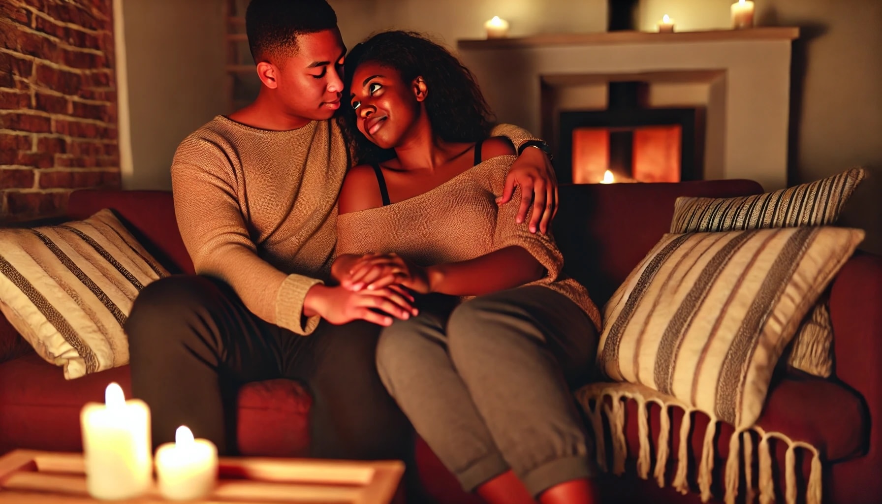 An intimate and loving evening setting featuring a couple sharing a deeply connected moment