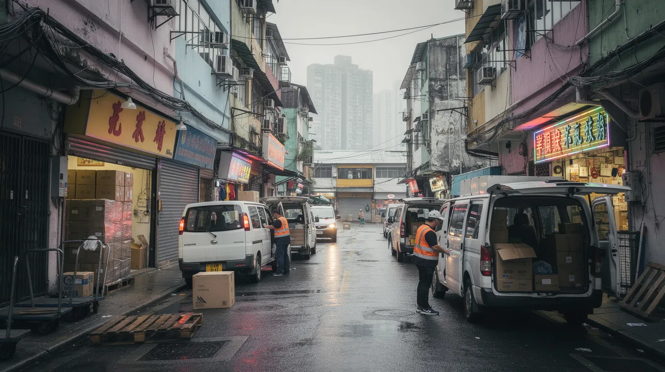 The image depicts a bustling street in a Hong Kong industrial district, lined with small warehouses and delivery vans, showcasing the vibrant activity of 中小企. This scene reflects the immediate support and resources available for local businesses, emphasizing the importance of timely information and services in the area.