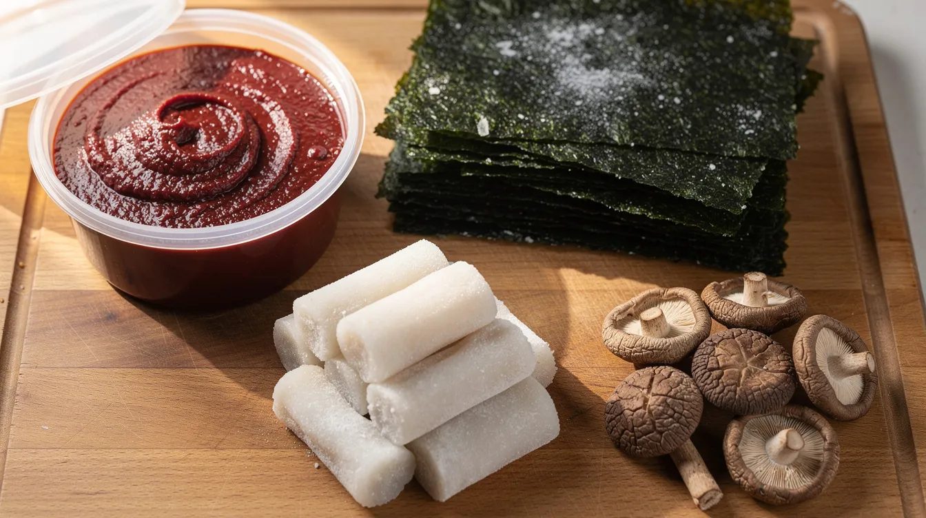The image features a wooden cutting board adorned with various Korean cooking ingredients, including a tub of gochujang (Korean red pepper paste), dried kelp sheets, frozen rice cakes, and dried shiitake mushrooms. These ingredients are essential for creating popular dishes like vegan tteokbokki, a spicy Korean rice cake dish.