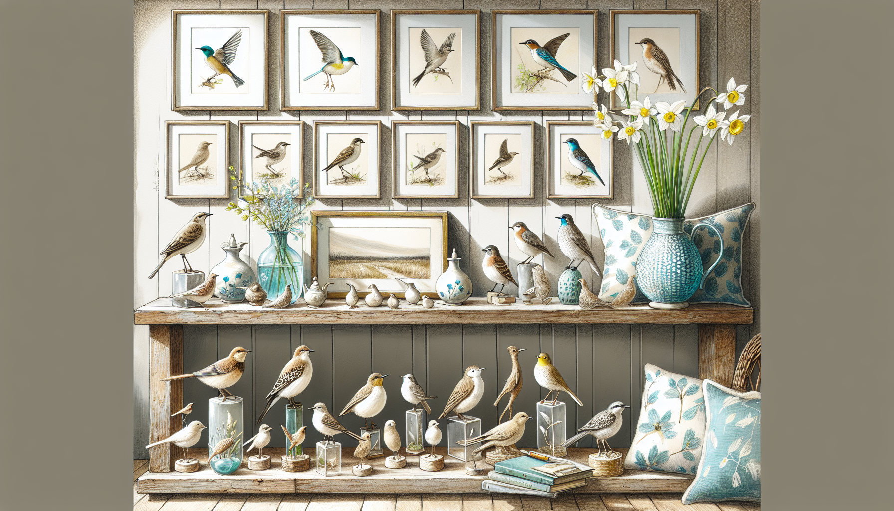 A curated display of bird-themed accents including figurines, gallery walls, and accessories