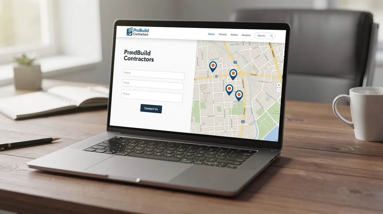 A laptop sits on a desk, showcasing a contractor's website that features a map and contact information prominently displayed. This setup highlights the importance of local SEO strategies for attracting more local customers and improving online visibility for Ocala businesses.