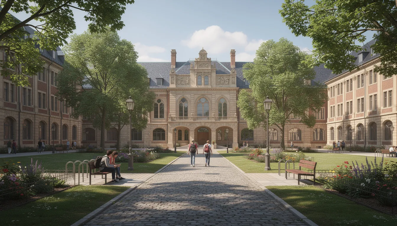 L'image montre un campus universitaire européen avec une architecture historique, entouré d'espaces verts luxuriants où des étudiants se déplacent. Ce cadre agréable est propice aux études de médecine, offrant un environnement inspirant pour les futurs médecins et professionnels de la santé.