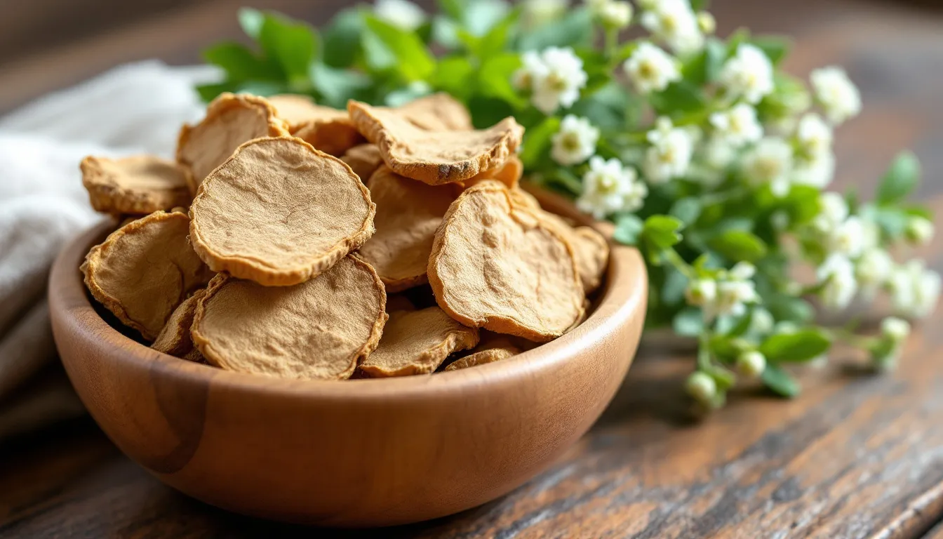 The image features dried slices of astragalus root displayed in a wooden bowl, with a fresh astragalus plant in the background. This traditional Chinese medicine herb is known for its potential health benefits, including support for the immune system and aiding in chronic fatigue syndrome.