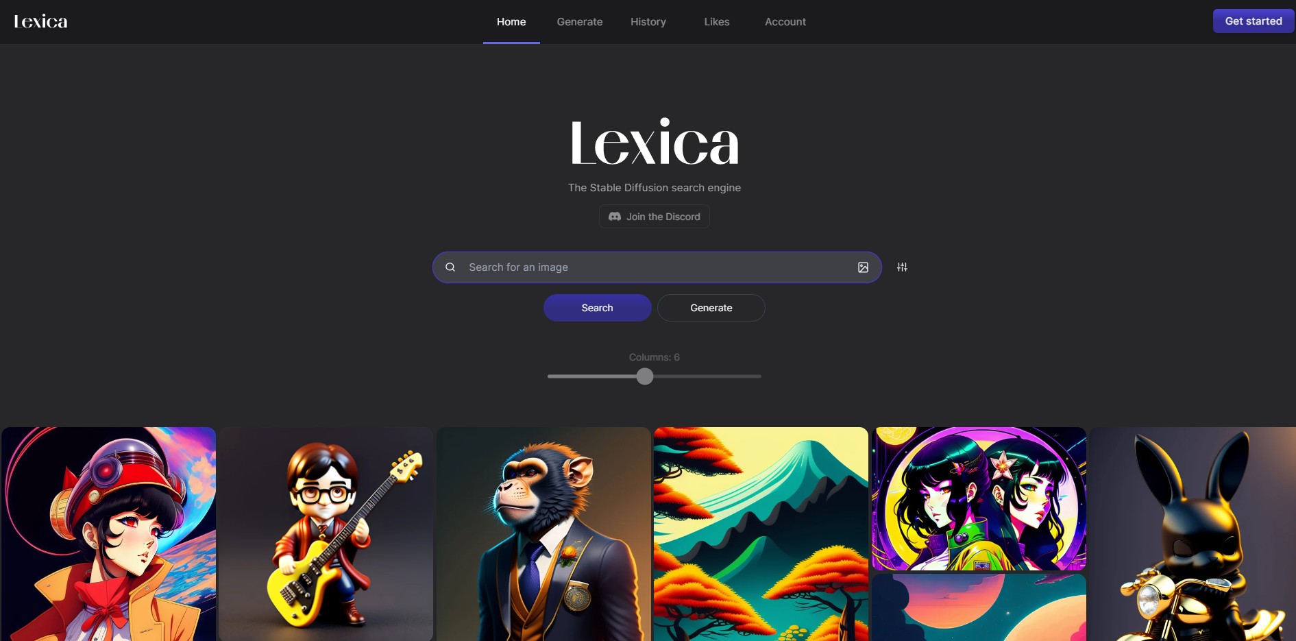 Lexica.art landing page showcasing their logo, a search bar and a number of AI generated images.