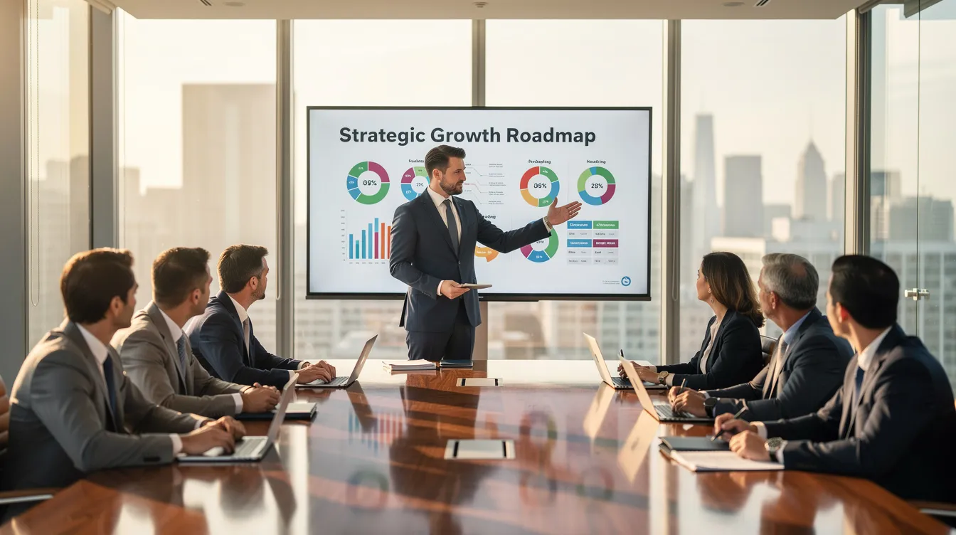 Na obrazku widoczny jest konsultant biznesowy prezentujący strategię przed zespołem kierowniczym. W tle widać wykresy i diagramy, które ilustrują procesy biznesowe oraz korzyści z wdrożenia systemu ERP, co może pomóc w efektywnym zarządzaniu zasobami przedsiębiorstwa.