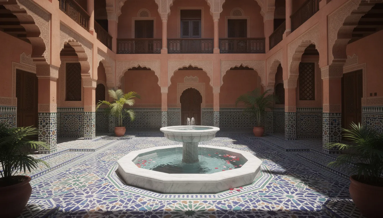 The image depicts a traditional Moroccan riad courtyard featuring intricate geometric tilework surrounding a central fountain, embodying the rich culture and Islamic heritage of Morocco's imperial cities. This serene space reflects the vibrant history and architectural beauty found in the old medinas of the country.