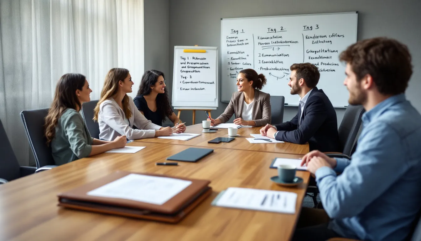 In diesem Bild wird der typische Ablauf eines Assessment Centers über drei Tage hinweg dargestellt, einschließlich Rollenspielen, Präsentationen und Einzelinterviews, die zur Personalauswahl dienen. Die Teilnehmer, die als Bewerber auftreten, zeigen ihre Stärken und Schwächen während verschiedener Übungen, die von Assessoren bewertet werden.