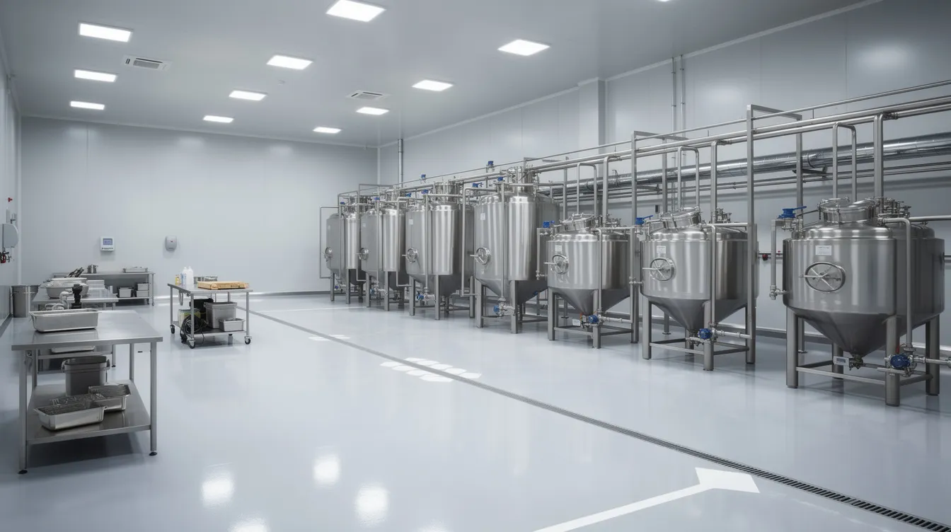 ff54efef 3dbd 48bc 8248 da5d736b80c4 The image depicts the interior of a modern ice cream manufacturing unit, featuring stainless steel equipment and an epoxy flooring designed for food safety standards. This industrial facility is equipped for large-scale ice cream production, showcasing a clean and efficient layout suitable for commercial ice cream machines and cold chain infrastructure.