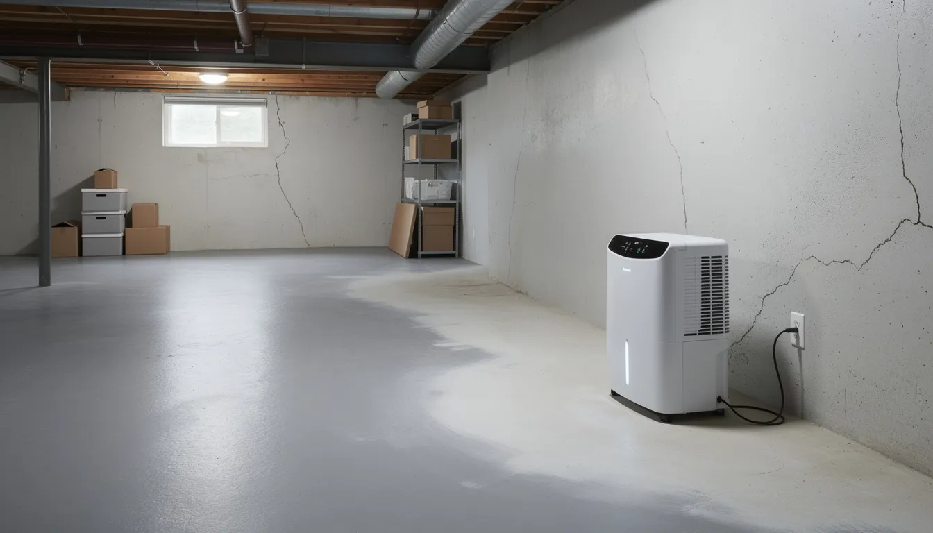 A dehumidifier is actively running in a residential basement with a concrete floor, helping to control moisture levels and prevent mold growth. This essential equipment is crucial for avoiding mold infestations and potential health problems associated with excessive moisture and mold exposure.