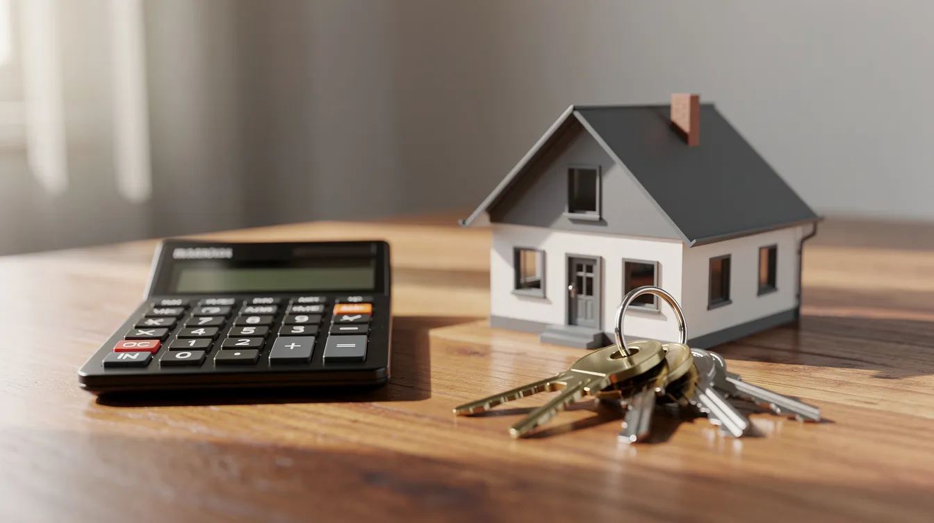 The image features a small model house placed next to a calculator and a set of house keys on a wooden table, symbolizing the financial aspects of homeownership, including down payments and mortgage payments. This scene evokes thoughts about budgeting for a primary residence, potential closing costs, and the importance of understanding interest rates when considering a mortgage or home equity line of credit.
