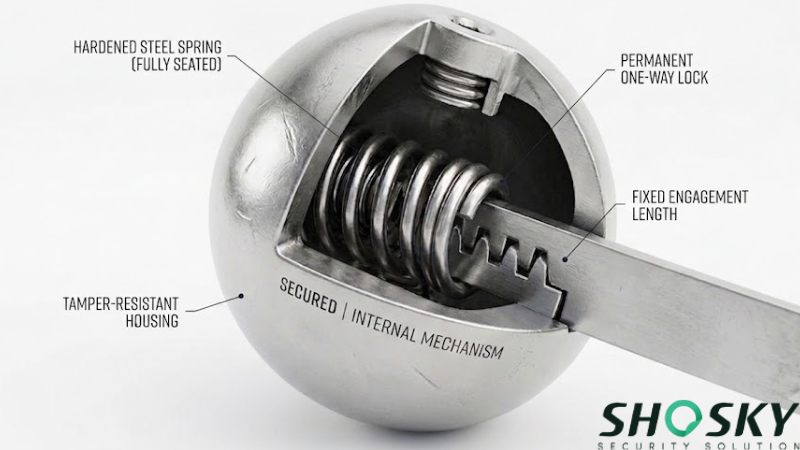 Close-up of hardened steel spring inside a security seal with company name