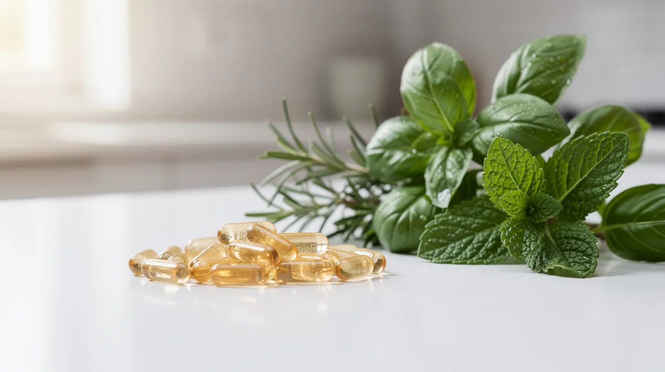The image features an array of colorful supplement capsules neatly arranged beside fresh green herbs on a clean countertop, suggesting a focus on natural testosterone boosters and healthy testosterone levels. This visually appealing setup highlights the connection between dietary supplements and male vitality, promoting energy levels and muscle growth.