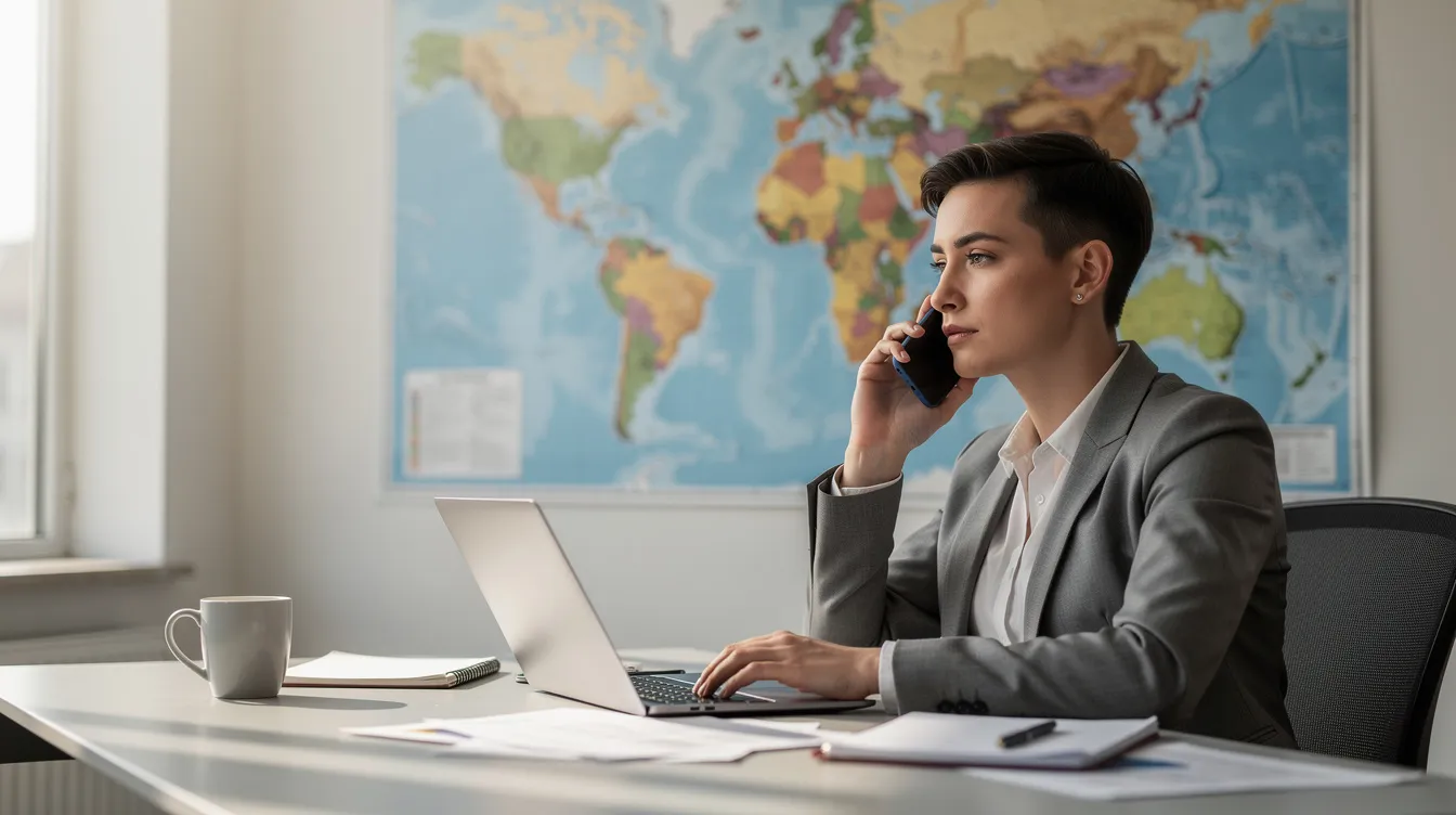 A person is seated at a desk, engaged in a phone call, with a world map displayed on the wall behind them, symbolizing international connections. This setting reflects the importance of staying connected with family and friends across various countries, including Estonia, as they navigate international dialing and area codes.