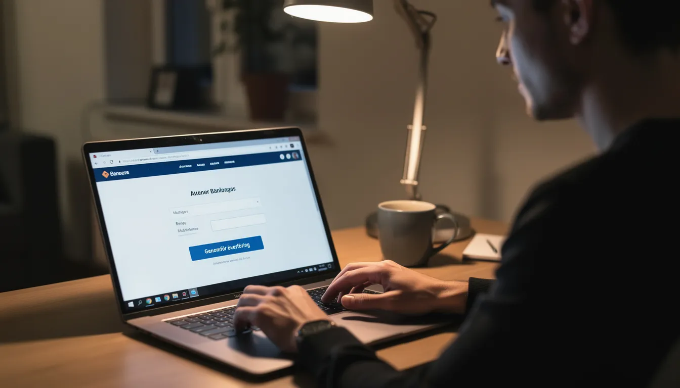 En person sitter vid en laptop och genomför en banköverföring med Trustly, vilket möjliggör snabba insättningar och uttag på casinon med svensk licens. Skärmen visar en säker betalningssida där användaren kan välja sin bank för att sätta in pengar och börja spela.