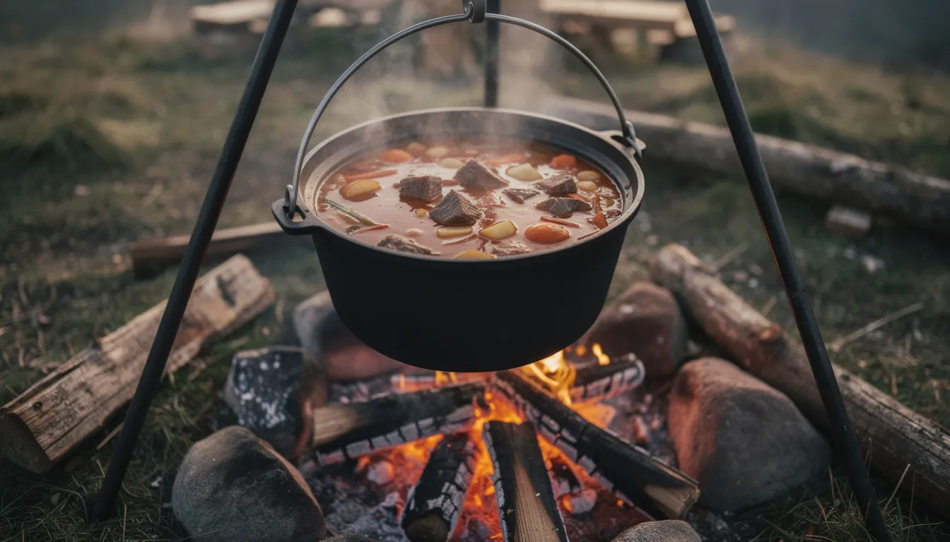 The image depicts a traditional Hungarian goulash soup simmering in an iron cauldron over an open fire, showcasing the rich, hearty stew that is a quintessential Hungarian dish. Surrounding the cauldron, the outdoor setting evokes a sense of rustic charm, emphasizing the communal and comforting nature of traditional Hungarian cuisine.