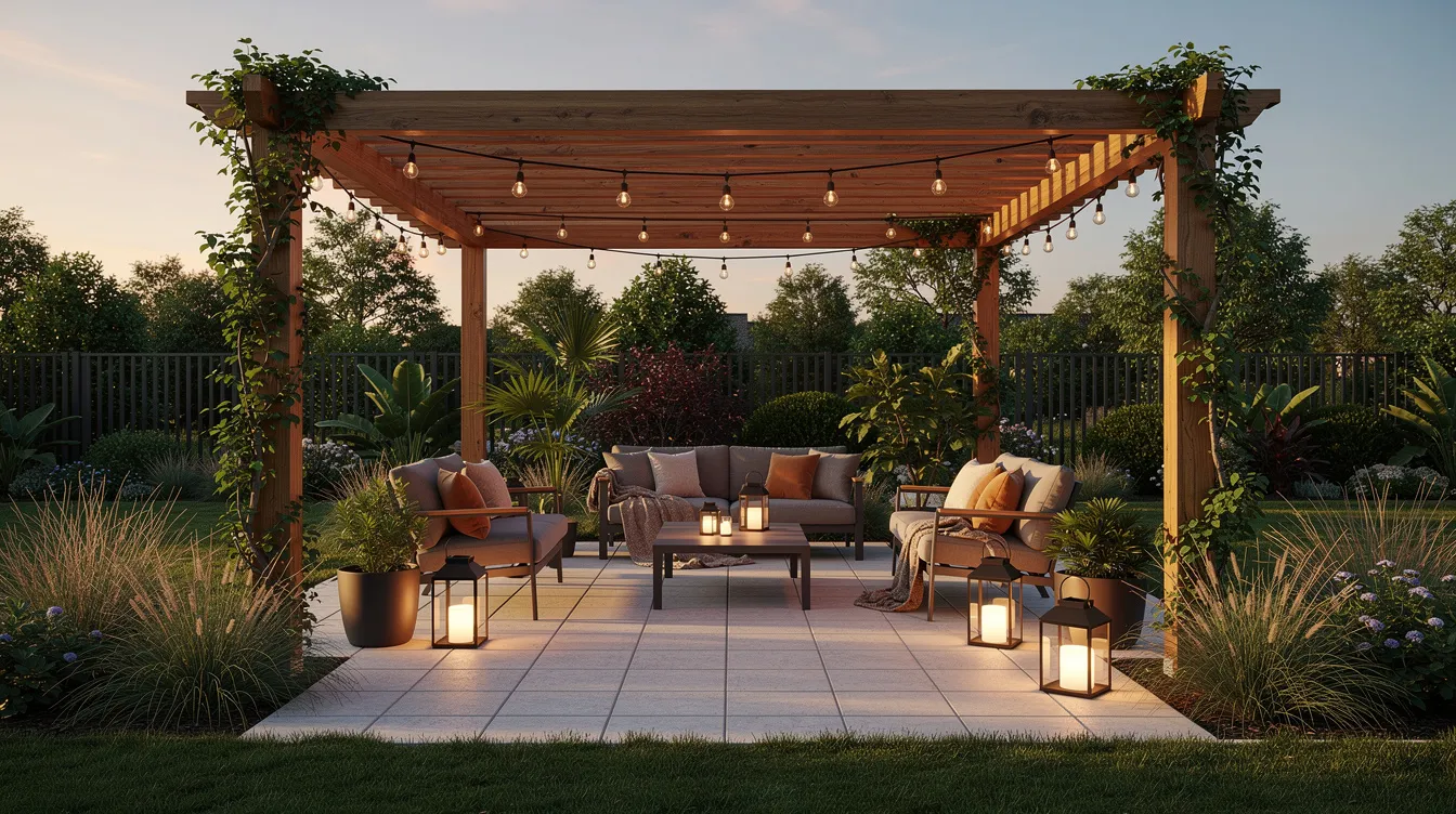 A stylish backyard patio features a wooden pergola adorned with warm evening lights, surrounded by lush greenery and pavers. The inviting outdoor space includes comfortable chairs, creating a perfect setting for relaxation and entertaining.
