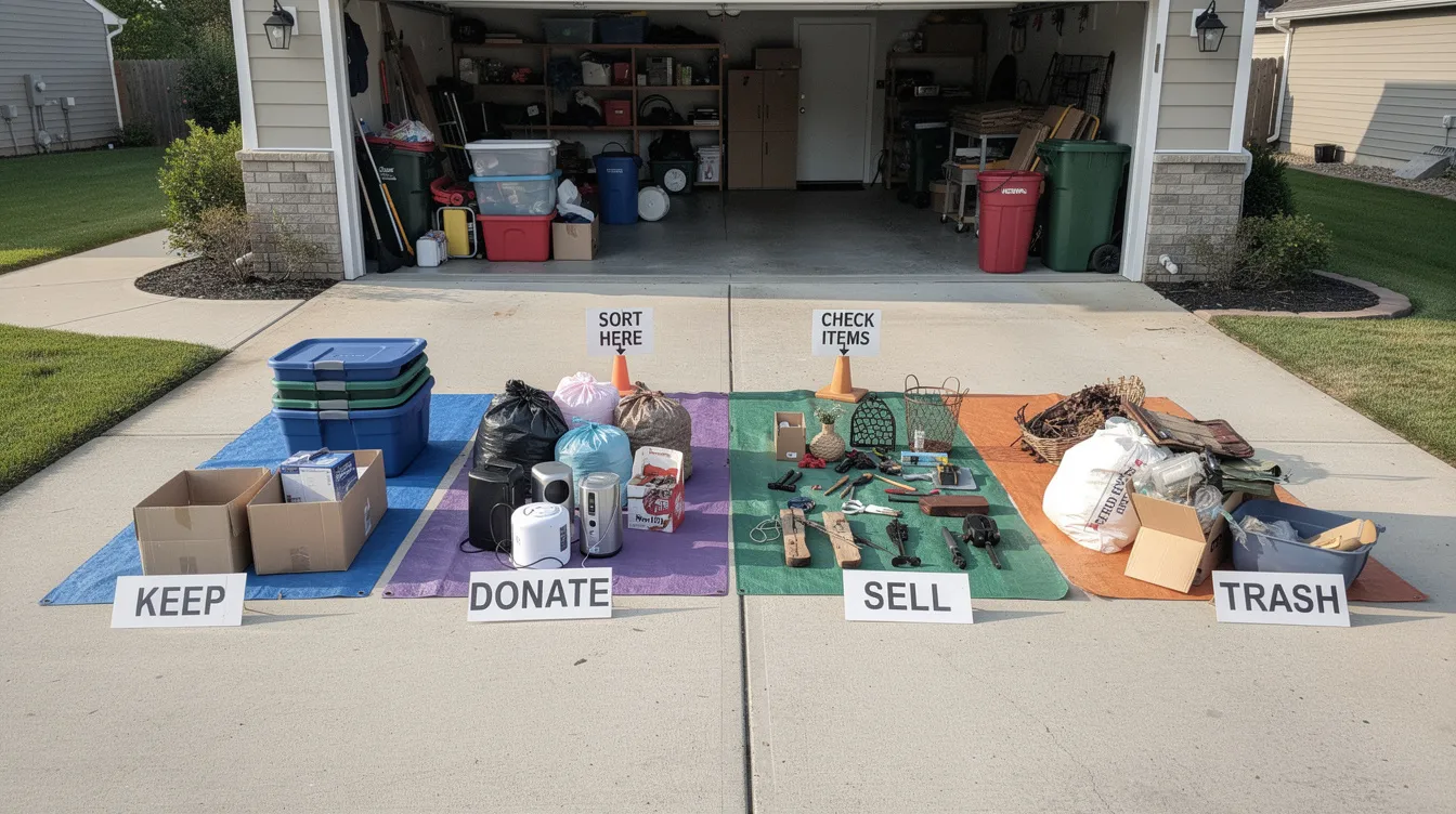 Driveway set up with labeled tarps and sorting zones in front of an open garage before a cleanout