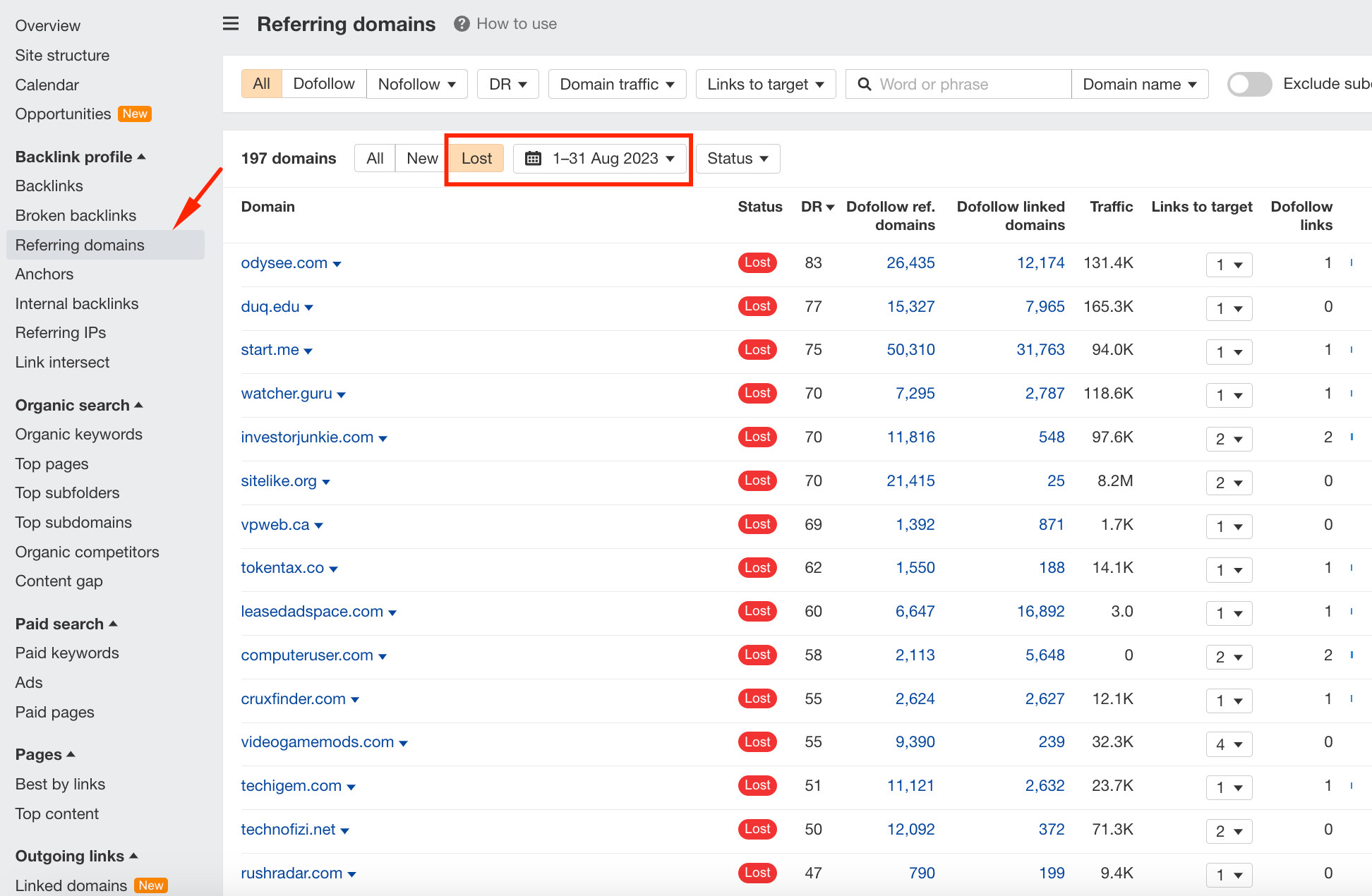 Lost Domains feature from Ahrefs