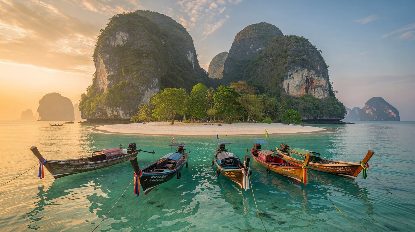 A imagem mostra uma ilha fluvial em Krabi, Tailândia, cercada por águas cristalinas e praias de areia branca. Ao fundo, é possível ver formações rochosas e vegetação tropical, caracterizando a beleza natural da região.