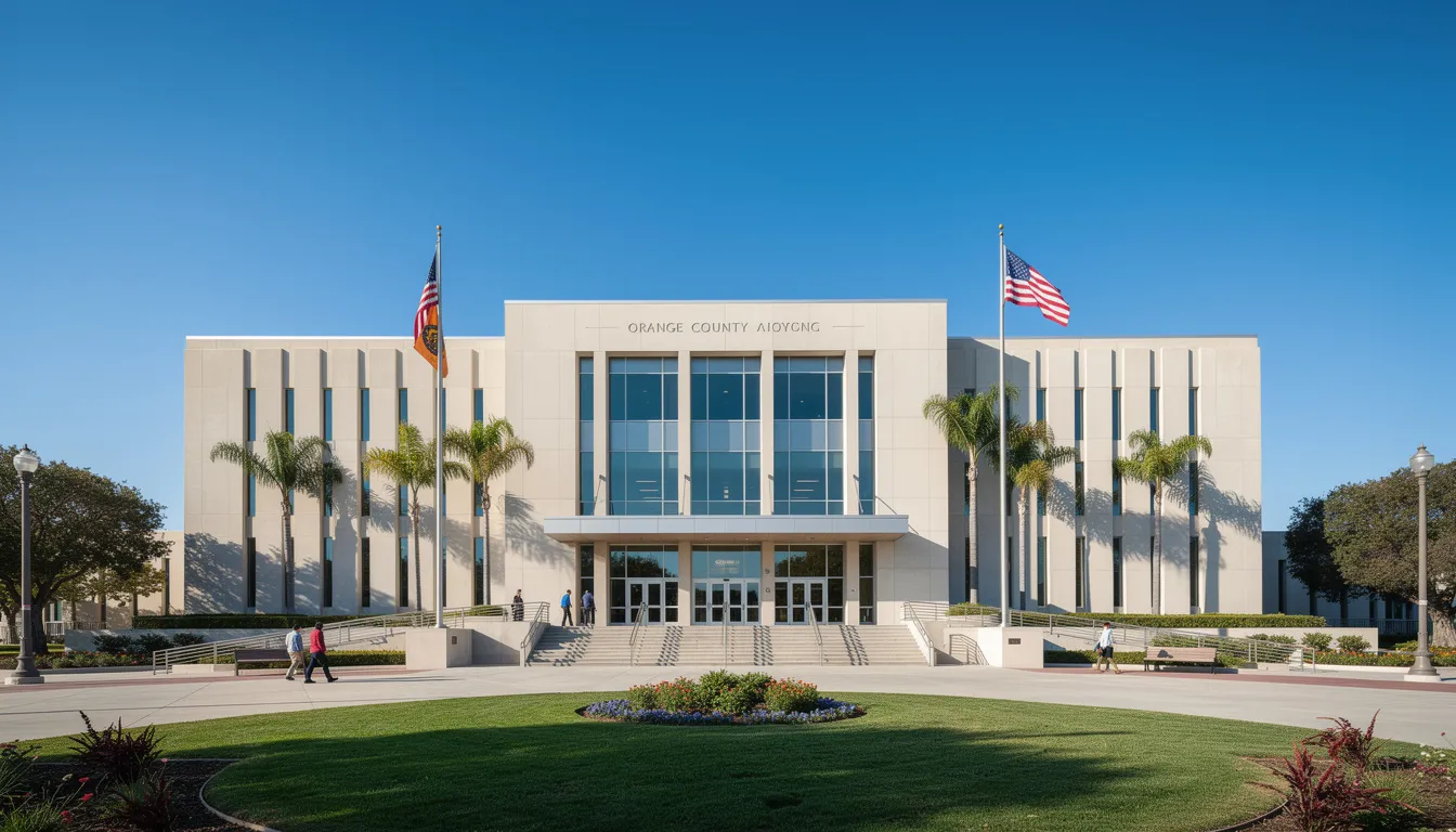 The image depicts the Orange County courthouse building on a clear day, showcasing its architectural features and surroundings. This venue is where personal injury cases, including motorcycle accident claims, are often addressed, highlighting the importance of legal assistance for victims seeking fair compensation.