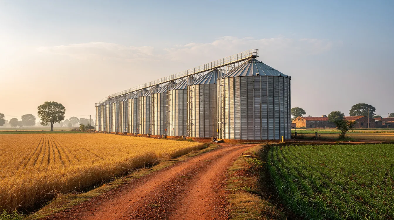 ff64203d 5c82 41f4 a99d 2bdc54f5a519 The image depicts rows of large steel grain silos set against a rural agricultural landscape in India, showcasing modern grain storage infrastructure designed to enhance food grain production and reduce post-harvest losses. These concrete silos symbolize efficient grain storage with superior grain quality, contributing to food security and operational efficiency for local farmers.