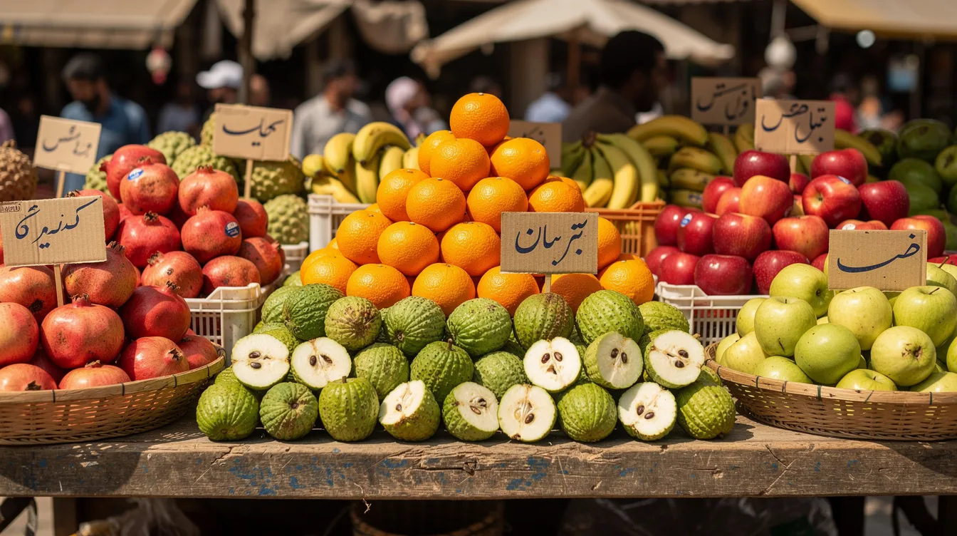 A vibrant outdoor market stall showcases an array of seasonal Pakistani fruits, featuring bright orange kinno oranges and fresh green guavas stacked attractively. This colorful display highlights the importance of eating seasonally and can help shoppers save money on their grocery bill while reducing food waste.