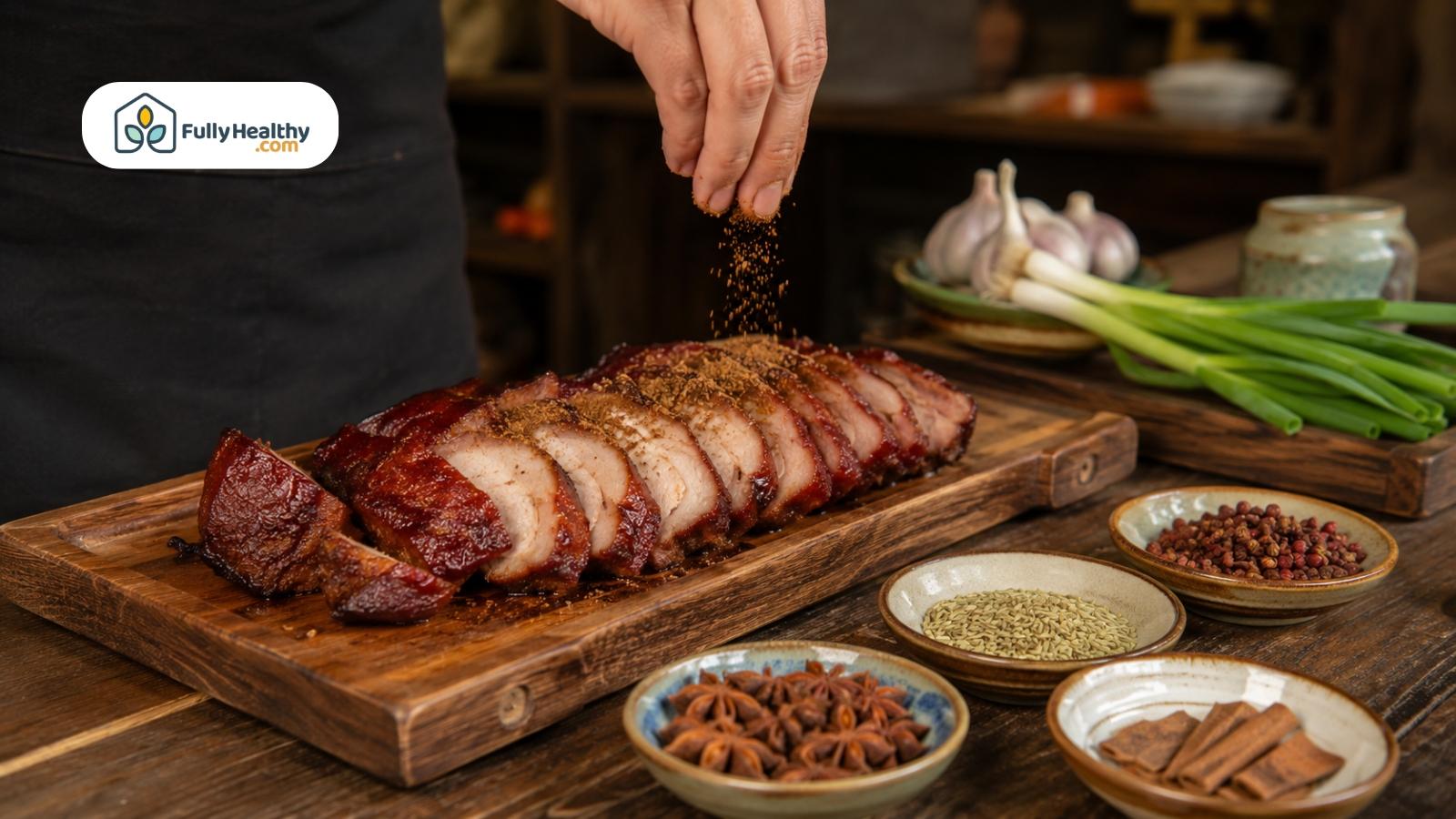 Hand sprinkling Chinese five-spice powder over sliced roasted pork with whole spices