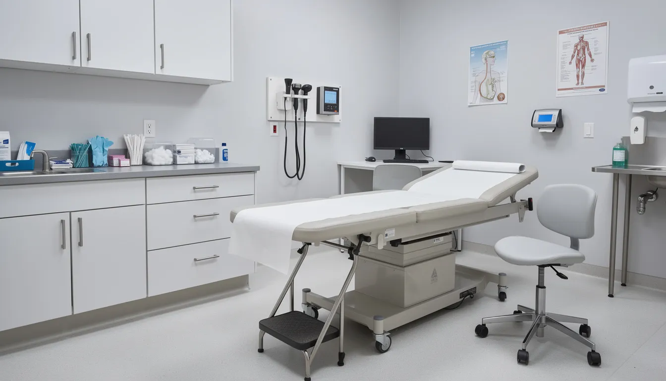 The image depicts a medical examination room featuring an exam table and various medical equipment, typically used for conducting independent medical evaluations as part of workers compensation cases. This setting is where an independent medical examiner might assess an injured worker's medical condition and review their medical records to determine the appropriate treatment plan and any impairment rating.
