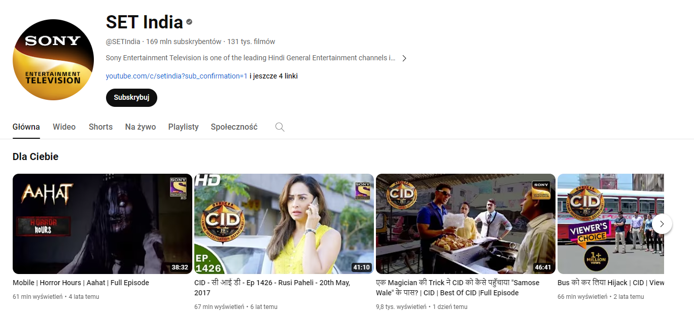 Czwarty najpopularniejszy kanał na YouTube: SET India.