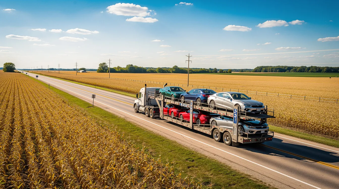A car carrier truck is seen traveling on a highway, surrounded by expansive flat farmland typical of the Midwest, under a clear blue sky. This image highlights the auto transport process, showcasing the vehicle transport services that facilitate car shipping across regions like Illinois.
